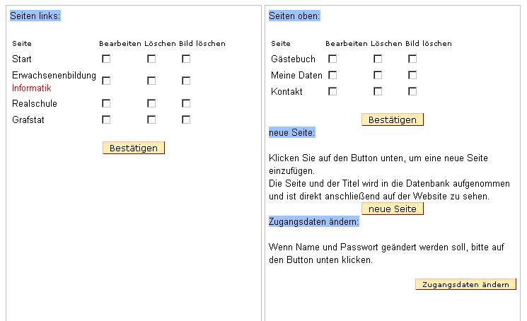 Oberfläche zum Ändern der Seite